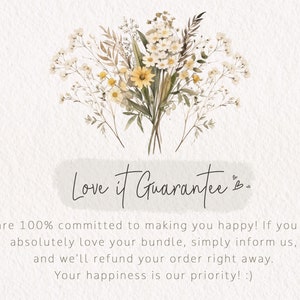 Puede incluir: Una ilustraci&oacute;n de acuarela de un ramo de flores silvestres blancas y amarillas con el texto "Love it Guarantee." &iexcl;Estamos 100% comprometidos a hacerte feliz! Si no te encanta absolutamente tu paquete, simplemente inf&oacute;rmanos, y te reembolsaremos tu pedido de inmediato. &iexcl;Tu felicidad es nuestra prioridad! :)