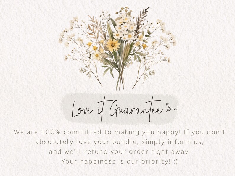 Puede incluir: Una ilustraci&oacute;n de acuarela de un ramo de flores silvestres blancas y amarillas con el texto "Love it Guarantee." &iexcl;Estamos 100% comprometidos a hacerte feliz! Si no te encanta absolutamente tu paquete, simplemente inf&oacute;rmanos, y te reembolsaremos tu pedido de inmediato. &iexcl;Tu felicidad es nuestra prioridad! :)