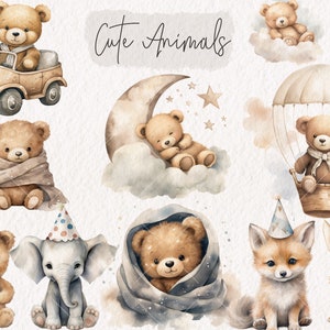 Op de afbeelding: Een set met aquarel illustraties van schattige dieren, waaronder beren, een vos, een konijn en een olifant. De dieren worden afgebeeld in verschillende poses, zoals autorijden, slapen op een wolk en vliegen in een luchtballon. De illustraties zijn perfect voor gebruik in kinderboeken, wenskaarten en andere creatieve projecten.