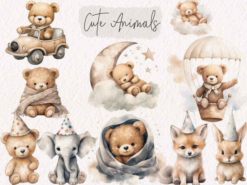 Op de afbeelding: Een set met aquarel illustraties van schattige dieren, waaronder beren, een vos, een konijn en een olifant. De dieren worden afgebeeld in verschillende poses, zoals autorijden, slapen op een wolk en vliegen in een luchtballon. De illustraties zijn perfect voor gebruik in kinderboeken, wenskaarten en andere creatieve projecten.