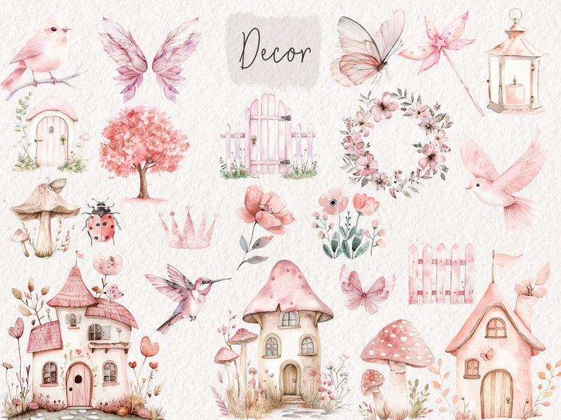 K&ouml;nnte beinhalten: Ein Set mit Aquarell-Illustrationen mit m&auml;rchenhaften Elementen, darunter ein rosa Vogel, ein rosa Schmetterling, eine rosa Laterne, ein rosa Pilzhaus, ein rosa Baum, ein rosa Zaun, eine rosa Krone, ein rosa Kolibri und ein rosa Blumenkranz. Die Illustrationen sind perfekt, um jedem Projekt einen Hauch von Magie zu verleihen.