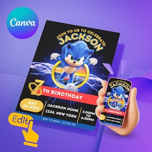 Invito di compleanno Sonic – Modello Canva modificabile – Festa a tema riccio – Per bambino o bambina – Download digitale immediato