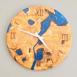 Olive Wood Wall Clock: Epoxy Resin, Modern Rustic Decor