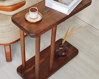 Handcrafted C-Shaped Pine Wood Sofa Table: Modern Space-Saving Design