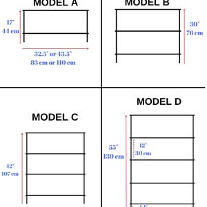 以下が含まれることがあります： 4つの棚モデルの図。A、B、C、Dとラベル付けされ、インチとcmの寸法が示されています。モデルAは高さ44cm、幅83cmまたは110cmです。モデルBは高さ76cmです。モデルCは高さ107cmです。モデルDは高さ139cm、奥行き30cmです。