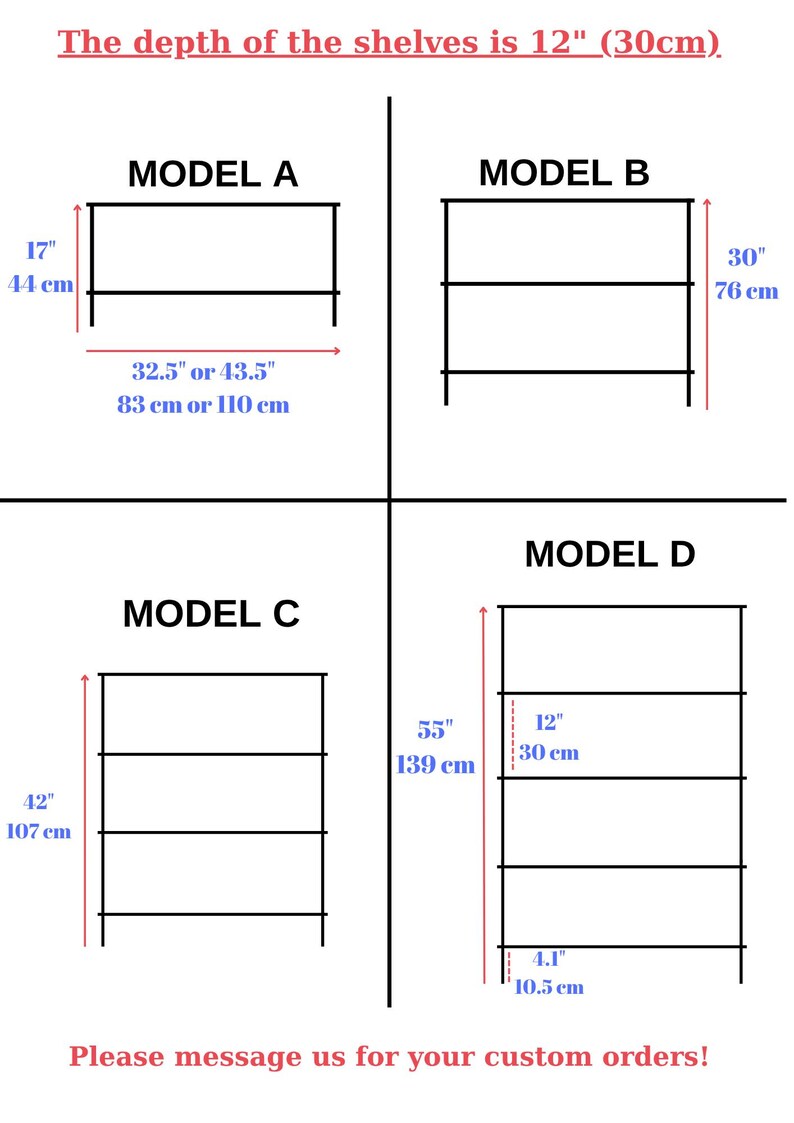 以下が含まれることがあります： 4つの棚モデルの図。A、B、C、Dとラベル付けされ、インチとcmの寸法が示されています。モデルAは高さ44cm、幅83cmまたは110cmです。モデルBは高さ76cmです。モデルCは高さ107cmです。モデルDは高さ139cm、奥行き30cmです。