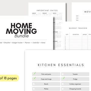 May include: A printable home moving bundle with 18 pages. The bundle includes a guide, checklist, budget tracker, planner, calendar, and notes. The image also shows a kitchen essentials checklist with items like pots and pans, cups and mugs, bowls, plates, a toaster, fridge, cutlery organiser, and chopping boards.