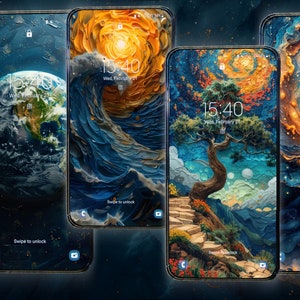 May include: Five different phone lock screens featuring abstract art designs. The designs include a swirling galaxy, a wave, a tree, a planet, and a river. Each screen displays the time 15:40 and the day of the week.
