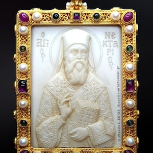 Byzantine engolpion silver 925, orthodox engolpion, bishop engolpion, St Nektarios, byzantine art, byzantine microcarving