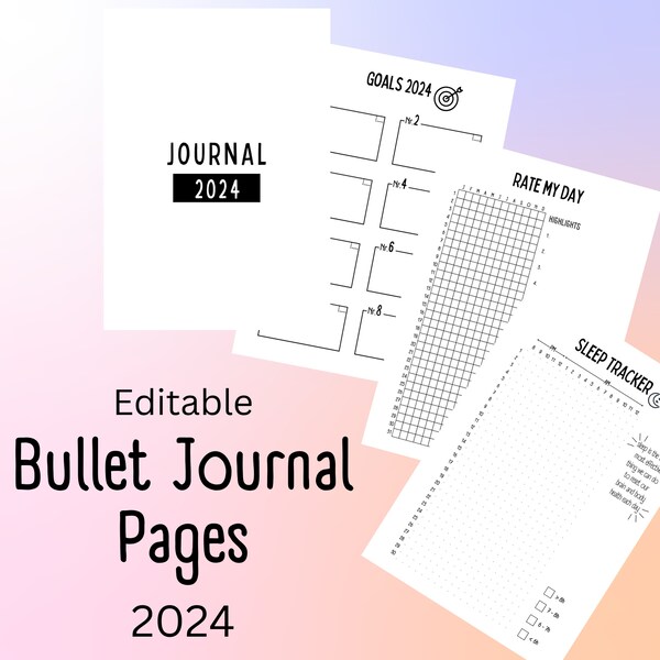 Printable & Editable Bullet Journal pages for 2024 - for coloring and tracking incl. Canva link for editing