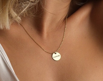 14K Gold Date Coin Necklace, Name Coin Necklace, Circle Necklace, Anniversary Gift, Handmade Jewelry, Mother's Day Gift, Gift For Her