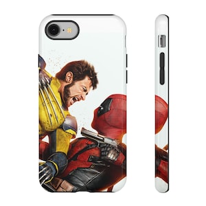 May include: A phone case featuring a close-up image of Wolverine and Deadpool in a fight. Wolverine is on the left, with his claws extended, and Deadpool is on the right, holding a gun.