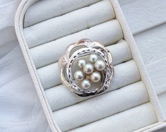 Vintage Japanese Real Akoya Blue Gray Pearl Sterling Silver Floral Cluster Circle Shape Brooch Pin Multiple Uses Gift for Mother