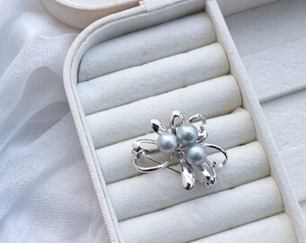 Vintage Japanese Real Akoya Blue Gray Pearl Sterling Silver Lucky Clover Shape Brooch Pin Multiple Uses Gift for Mother