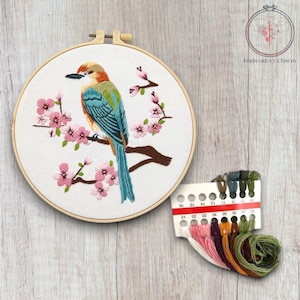 Modern Floral and Bird Embroidery Kit, Beginners Hand Vintage Girl Cross Stitch, Easy Art Hoop Kit, Diy Starter Craft Kit For Adults