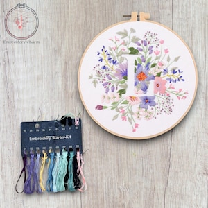 Kit de bordado con letra L con diseño floral moderno, punto de cruz vintage para principiantes, kit de bastidor de arte fácil, kit de manualidades para principiantes de bricolaje para adultos