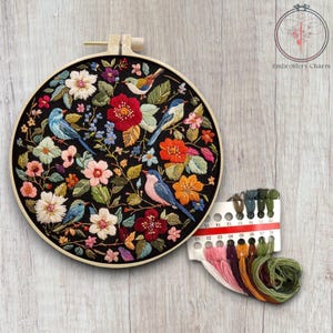 Modern Floral and Bird Embroidery Kit, Beginners Hand Vintage Girl Cross Stitch, Easy Art Hoop Kit, Diy Starter Craft Kit For Adults