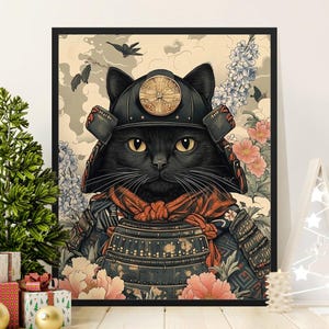 Samurai Cat Art Print, Japanese Warrior Cat Poster, Unique Animal Wall Art, Cat Lover Gift, Whimsical Home Decor, Artistic Wall Art