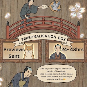 The image is a cartoon featuring a man in traditional Japanese attire, a dog, and a bird, with a bridge and a sign for a personalisation box.