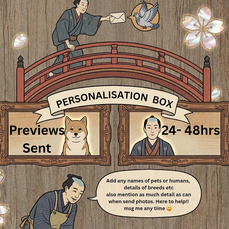 The image is a cartoon featuring a man in traditional Japanese attire, a dog, and a bird, with a bridge and a sign for a personalisation box.