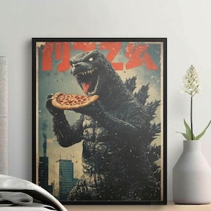 May include: Framed vintage-style poster featuring Godzilla holding a pizza. The artwork has a distressed look with red and blue tones. The word "PIZZA" is visible in red Japanese characters.