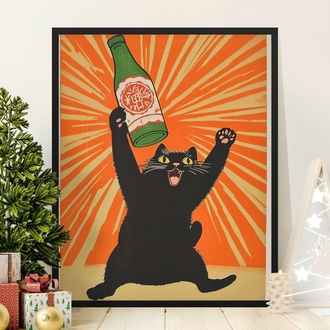 Vintage Japanese Cat Poster, Retro Japanese Art Print, Black Cat With ...