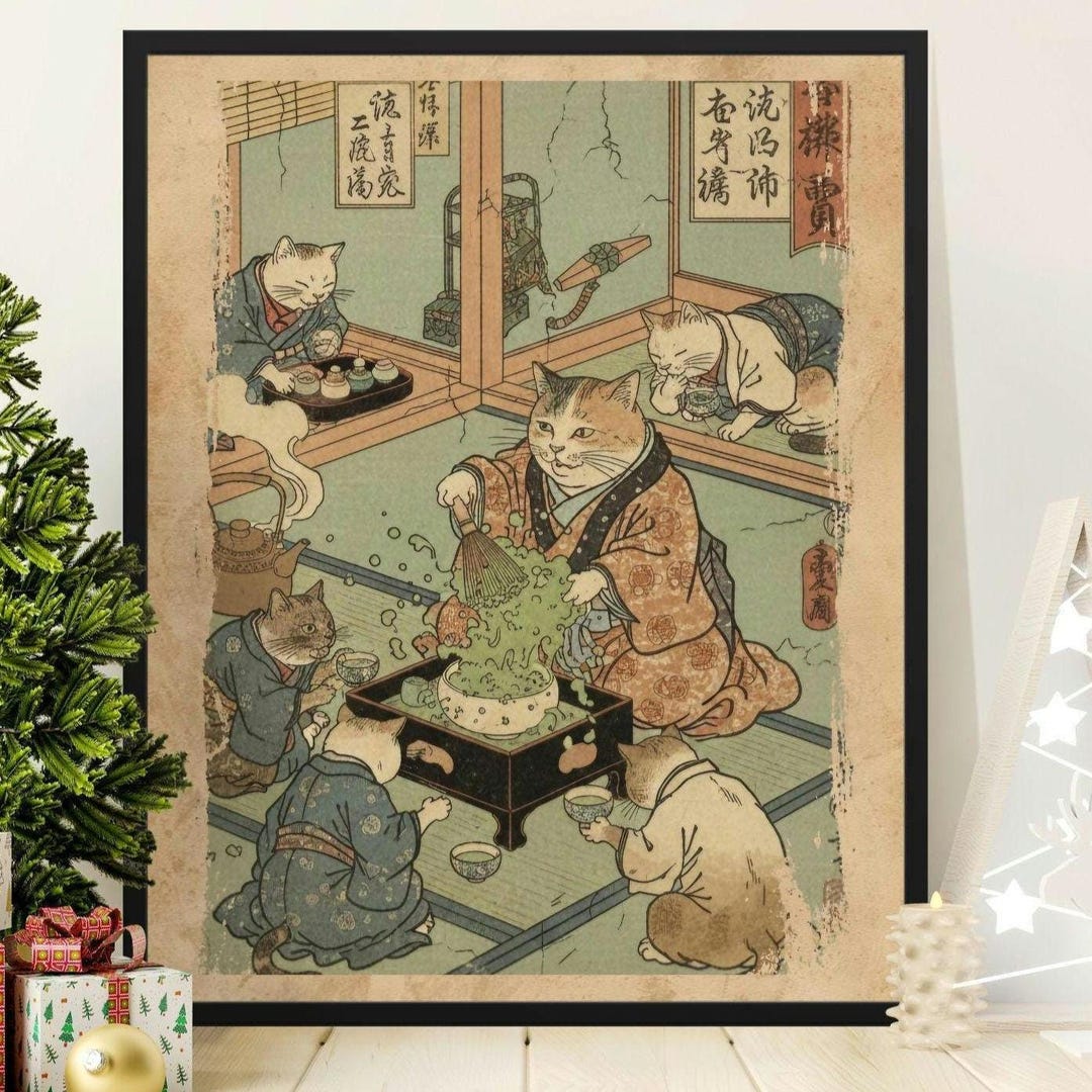 Vintage Japanese Cat Art Print, Ukiyo-e Style Tea Ceremony - Etsy