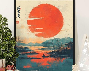 Japanese Red Sun Landscape Art Print, Minimalist Wall Decor - Etsy