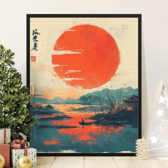Japanese Red Sun Landscape Art Print, Minimalist Wall Decor - Etsy