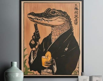 Gangster Alligator Art Print, Reptile Decor, Cocktail Poster