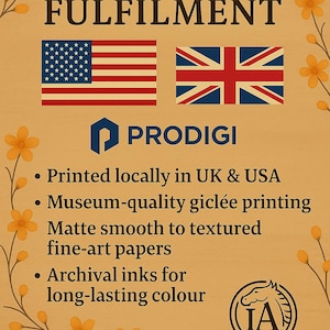 The image is a promotional poster for Prodigi, a company that specializes in UK and USA fulfillment services. It features the flags of the United Kingdom and the United States, along with text describing the company's offerings, such as printed materials, museum-quality giclee printing, matte smooth to textured fine-art papers, and archival inks for long-lasting color. The image is a collage of multiple images, and the text is concise and focused on the company's services.