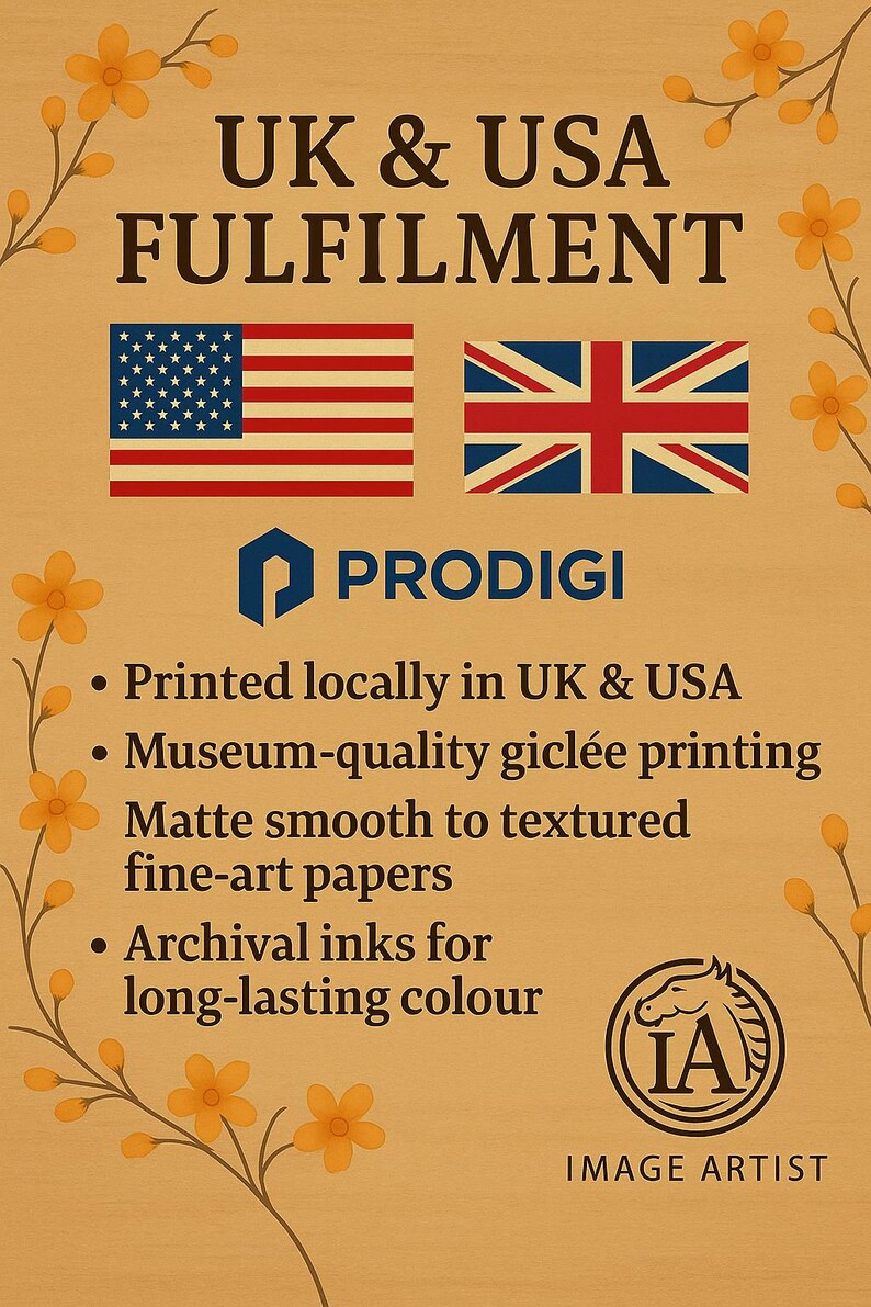 The image is a promotional poster for Prodigi, a company that specializes in UK and USA fulfillment services. It features the flags of the United Kingdom and the United States, along with text describing the company's offerings, such as printed materials, museum-quality giclee printing, matte smooth to textured fine-art papers, and archival inks for long-lasting color. The image is a collage of multiple images, and the text is concise and focused on the company's services.