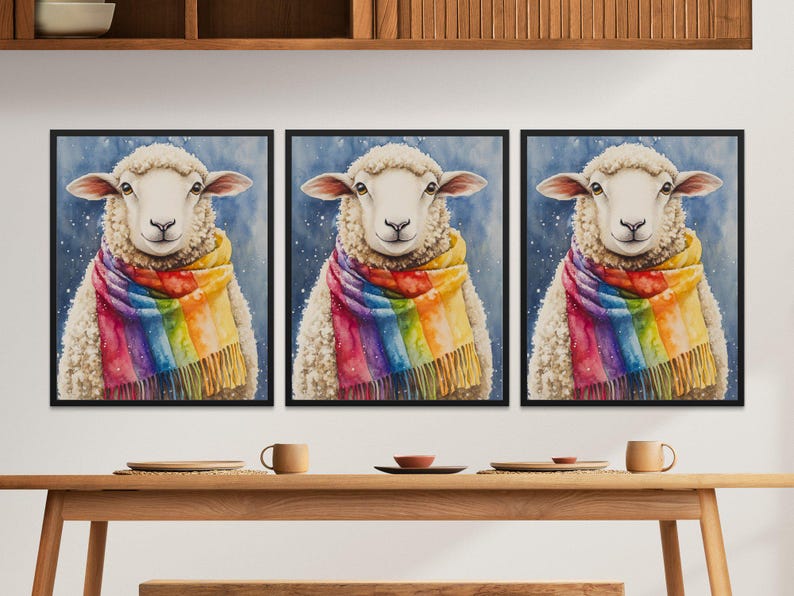 Cute Sheep Wall Art, Rainbow Scarf Animal Print, Whimsical Farmhouse