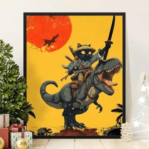 Samurai Cat Riding Dinosaur Poster, Ninja Warrior Kitty Canvas, Funny Pet Art Print, T Rex Fantasy Artwork, Unique Home Decor