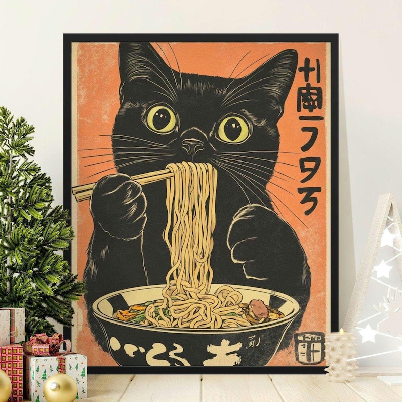 Vintage Cat Eating Ramen Noodles Poster, Funny Black Cat Wall Art, Kitchen Decor, Japanese Inspired Cat Art Print, Unique Cat Lover Gift