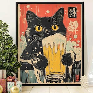 Vintage Black Cat Beer Print, Japanese Retro Decor