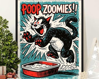 Poop Zoomies Funny Cat Canvas Print Poster, Retro Litter Box Humor Art, Quirky Pet Owner Gift, Vintage Cat Lover Wall Decor, Unique Kitty