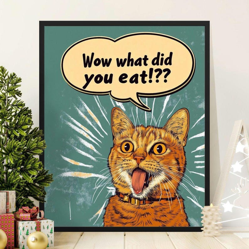 Funny Cat Wall Art, Playful Cat Illustration, Cute Orange Cat Poster