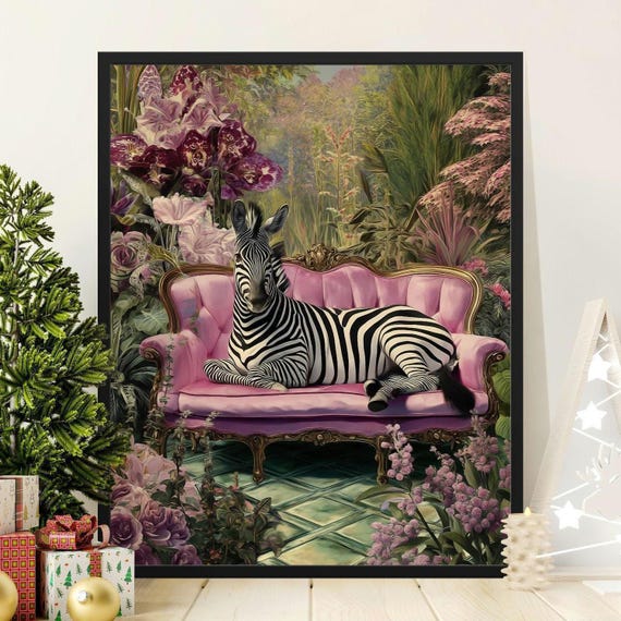 Zebra on Pink Sofa Art Print: Vintage Botanical Animal Poster - Etsy