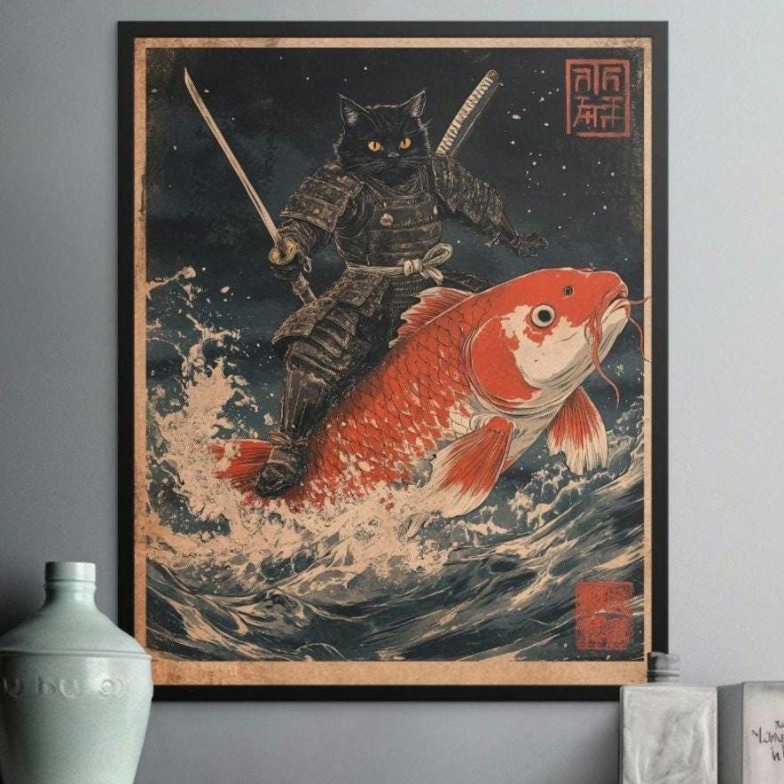 Japanese Cat Samurai Riding Koi Fish Art Print, Fantasy World Animal Poster, Unique Wall Decor, Vintage Illustration Print