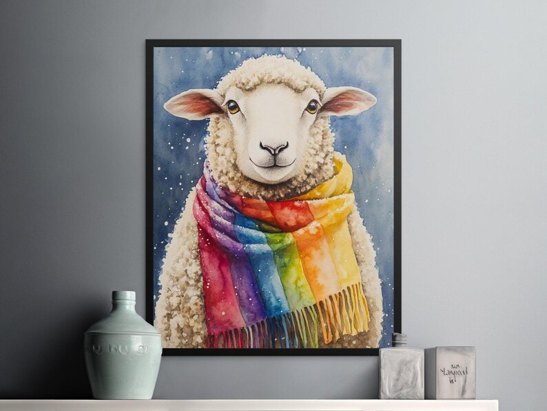 Cute Sheep Wall Art, Rainbow Scarf Animal Print, Whimsical Farmhouse