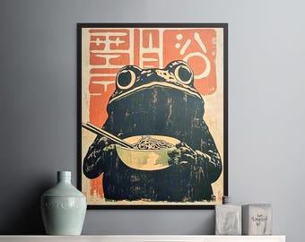 Retro Frog Ramen Giclée Print, Quirky Kitchen Wall Art