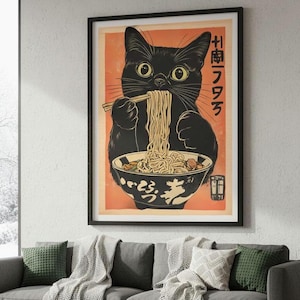 Vintage Cat Ramen Poster, Japanese Kitchen Wall Art