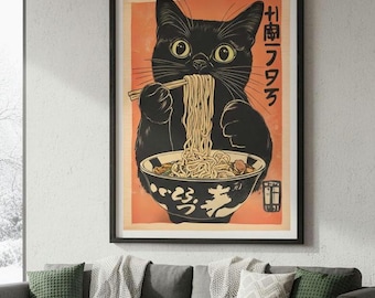 Vintage Cat Ramen Poster, Japanese Kitchen Wall Art