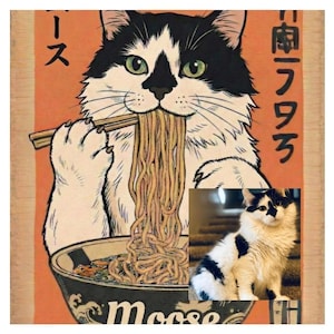 A black and white cat is depicted eating noodles from a bowl, with the cat's face and upper body prominently featured in the image.