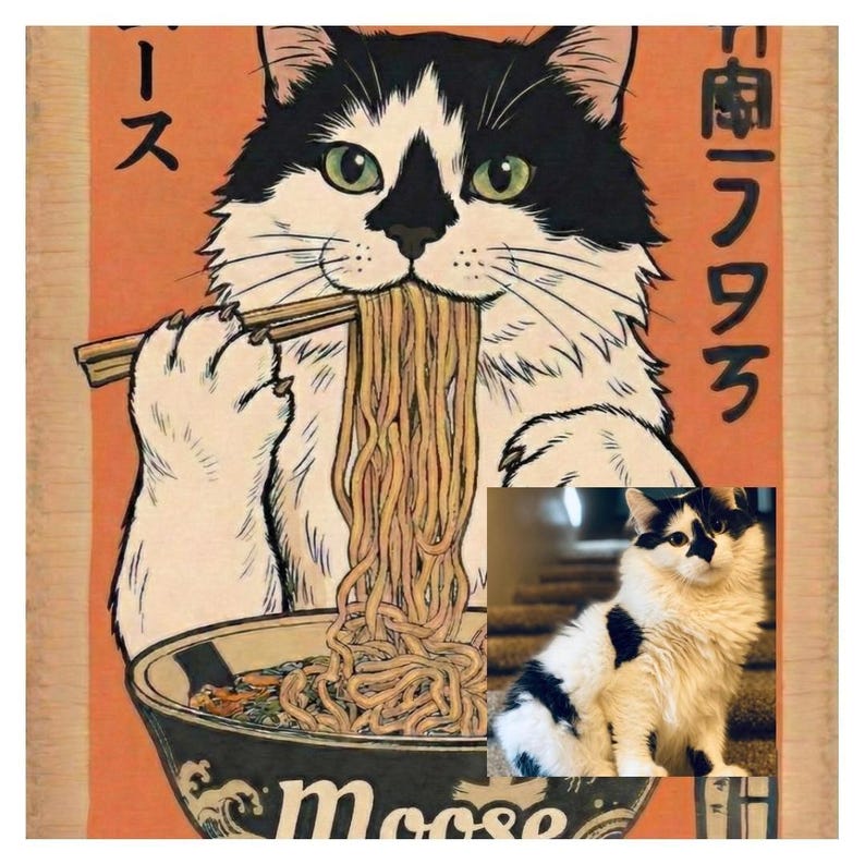 A black and white cat is depicted eating noodles from a bowl, with the cat's face and upper body prominently featured in the image.