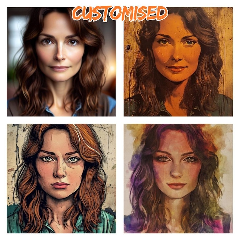 The image is a collage of four portraits of a woman, each with a different color scheme and style. The portraits are arranged in a grid format, with two rows and two columns. The woman in the portraits has long brown hair and is depicted in various artistic styles, such as a realistic portrait, a cartoon-like portrait, and a watercolor-style portrait.