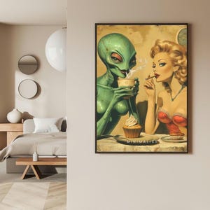 Retro Alien and Woman Wall Art, Alien Drinking Coffee, Vintage Sci-Fi Poster, Unique Home Decor, Whimsical Alien Illustration