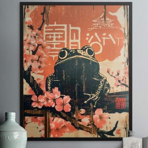 Zen Frog Ramen Poster: Japanese Floral Art Print