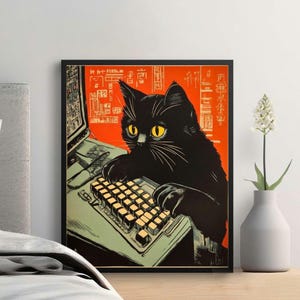 Black Cat Keyboard Art Print, Retro Atari PC,  Japanese Inspired Animation Art Print